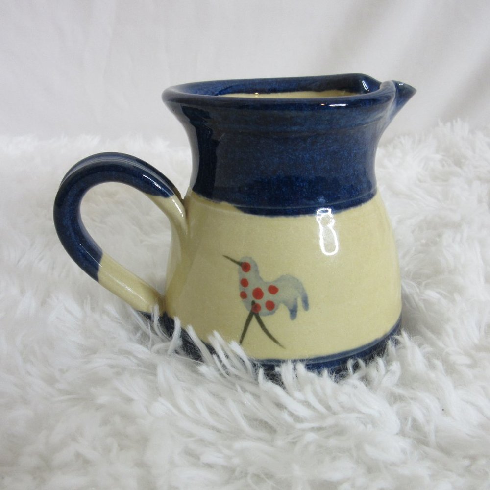 Mucros Pottery Creamer Pitcher Bird and Leaf Blue Tan 4.25” Ireland Farmhouse